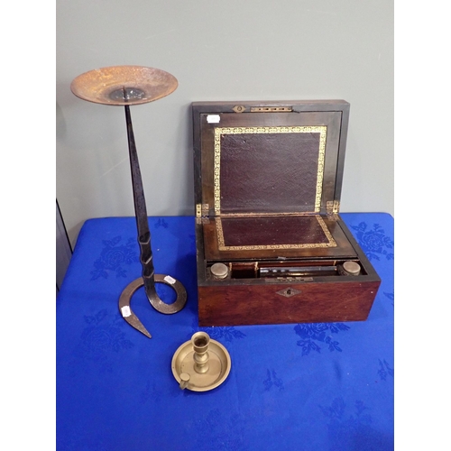 54 - A VICTORIAN WRITING SLOPE and two candle holders
