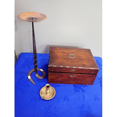 54 - A VICTORIAN WRITING SLOPE and two candle holders