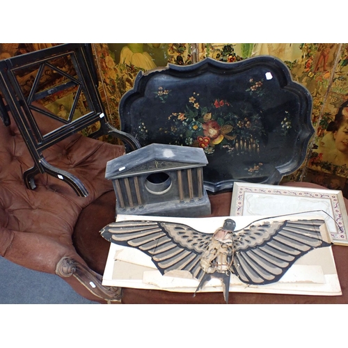 56 - A VICTORIAN PAPIER MACHE TRAY, PAINTED WITH FLOWERS with stand (both damaged), a slate clock case, a... 