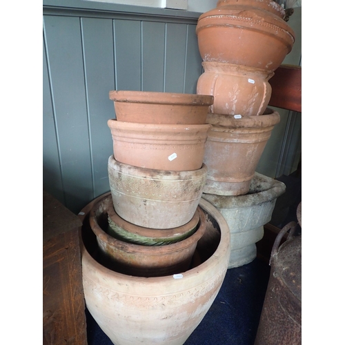 9 - A COLLECTION OF TERRACOTTA GARDEN POTS various shapes and sizes, some with incised decoration