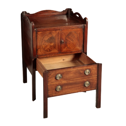 105 - A GEORGE III MAHOGANY TRAY-TOP COMMODE 18th century, with a shaped three-quarter gallery above panel... 