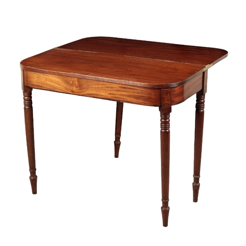 115 - A REGENCY MAHOGANY TEA TABLE early 19th century, the hinged top with a reeded edge, on ring turned t... 