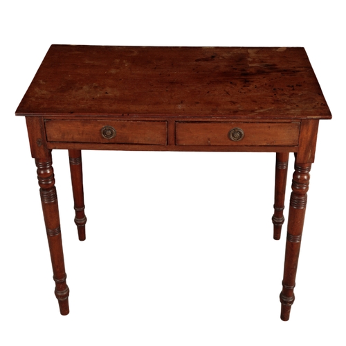 148 - A REGENCY MAHOGANY SIDE TABLE 18th century, with two short frieze drawers, on turned tapering legs, ... 