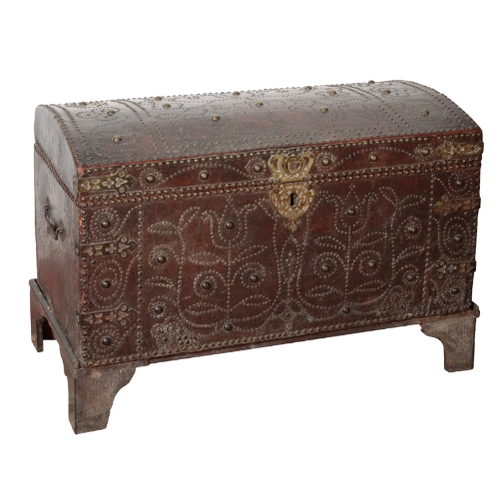 157 - A GEORGE II LEATHER AND STUDWORK COFFER ON STAND mid 18th century, dated '1757' to the top, with the... 