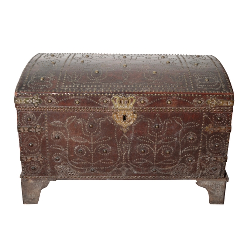 157 - A GEORGE II LEATHER AND STUDWORK COFFER ON STAND mid 18th century, dated '1757' to the top, with the... 