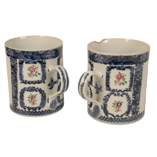 174 - A PAIR OF 19TH CENTURY CHINESE EXPORT MUGS the bodies each decorated with a vase of flowers, within ... 