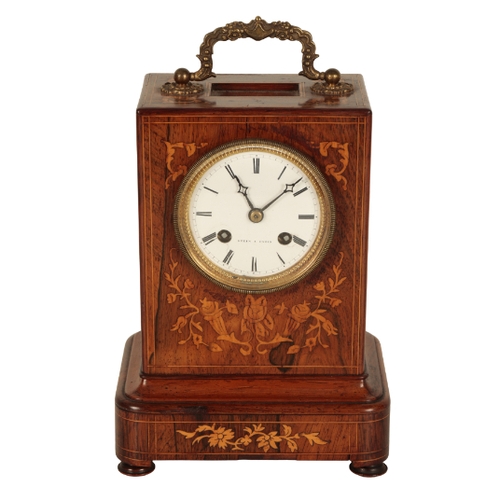 192 - A LATE 19TH CENTURY ROSEWOOD MARQUETRY MANTEL CLOCK the 8cm dial inscribed 