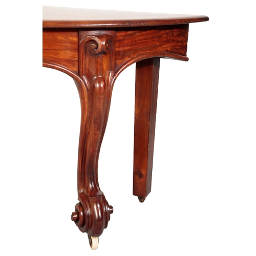 198 - A VICTORIAN MAHOGANY DEMI LUNE CONSOLE TABLE Circa 1880, with a formed apron, on pronounced front ca... 