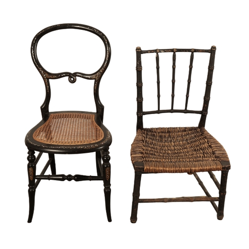 225 - AN EBONISED BAMBOO CHILDS CHAIR 19th century, with a caned seat, 74cm high, together with a Victoria... 