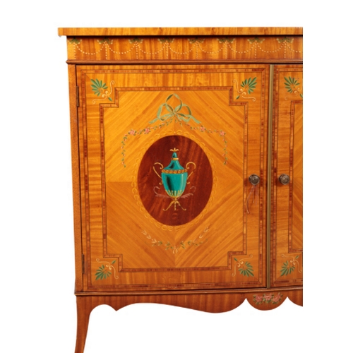 288 - A SATINWOOD BOWFRONT SIDE CABINET 20th century, the top painted with a central urn within a floral b... 