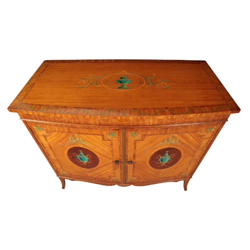 288 - A SATINWOOD BOWFRONT SIDE CABINET 20th century, the top painted with a central urn within a floral b... 