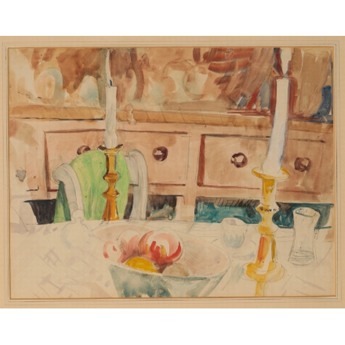 223 - *EDNA CLARKE-HALL (1879-1979) Still life study of candlesticks and fruit on a table in an interior w... 