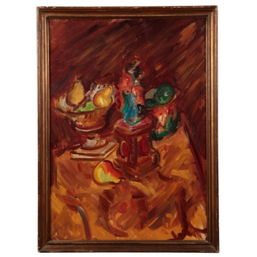 224 - *MATTHEW SMITH (1879-1959) A still life of pears and other fruit on a table beside a sculpture of a ... 