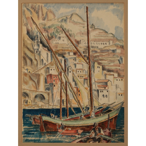 243 - *ADRIAN ALLINSON (1890-1959) 'Off Capri' Figures and boats off the coast, with buildings to the hill... 
