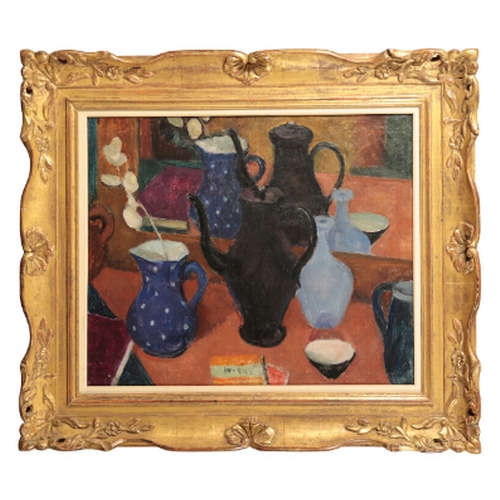 247 - *MILDRED BENDALL (1891-1977) Still life study a black tea or coffee pot, a blue and white spotted va... 
