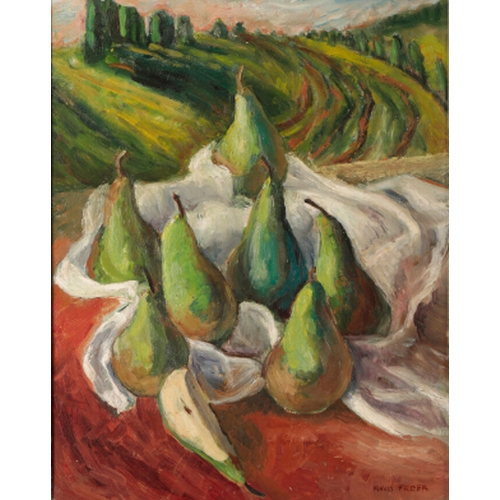 316 - *MAVIS FREER (B. 1927) 'March of the Pears' signed lower right, titled verso, oil on board, 48cm x 3... 