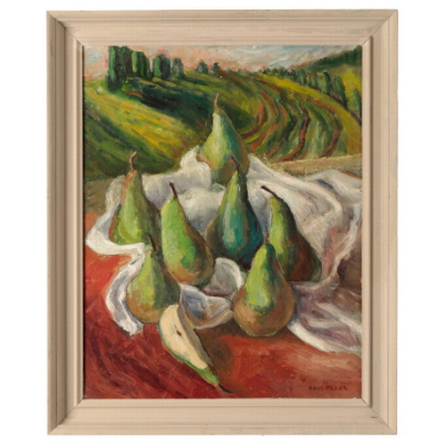 316 - *MAVIS FREER (B. 1927) 'March of the Pears' signed lower right, titled verso, oil on board, 48cm x 3... 