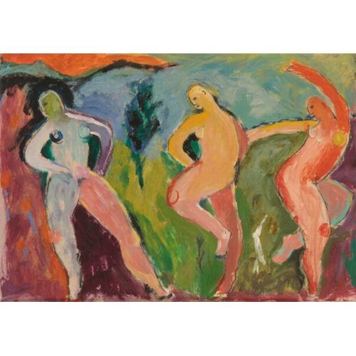 363 - *SARAH BOWMAN (Contemporary) 'Playing the Field' Stylised nudes dancing in a landscape, signed and d... 