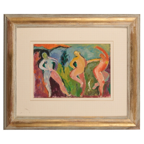 363 - *SARAH BOWMAN (Contemporary) 'Playing the Field' Stylised nudes dancing in a landscape, signed and d... 