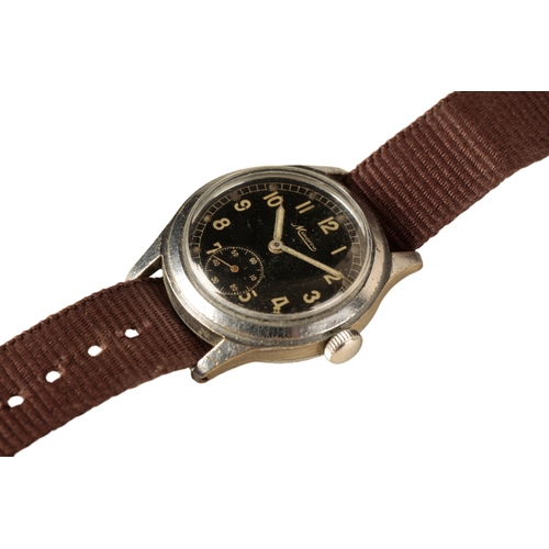 27 - MINERVA: A GENTLEMAN'S STAINLESS STEEL MILITARY WRISTWATCH, with a manual wind movement, the black d... 