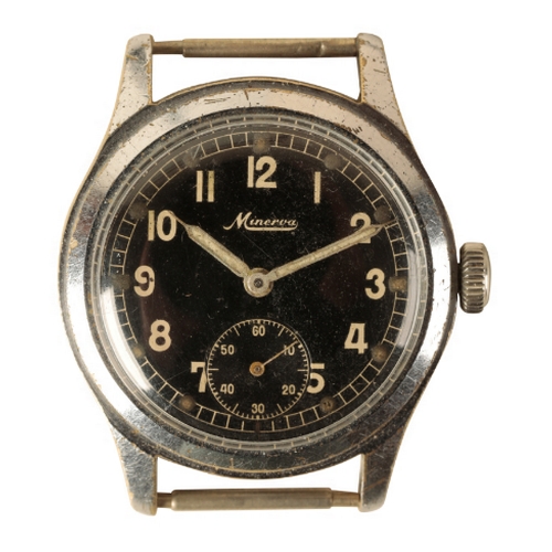 27 - MINERVA: A GENTLEMAN'S STAINLESS STEEL MILITARY WRISTWATCH, with a manual wind movement, the black d... 