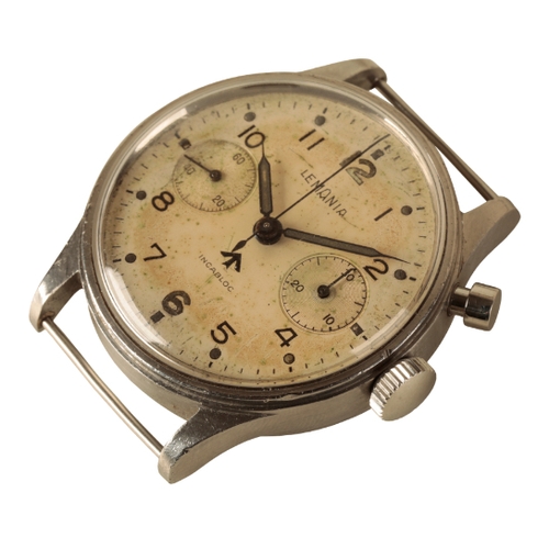 28 - LEMANIA: A BRITISH ROYAL AIR FORCE GENTLEMAN'S CHRONOGRAPH STAINLESS STEEL WRISTWATCH with manual wi... 