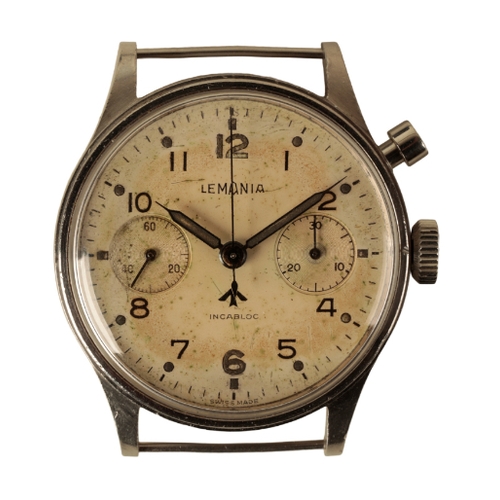 28 - LEMANIA: A BRITISH ROYAL AIR FORCE GENTLEMAN'S CHRONOGRAPH STAINLESS STEEL WRISTWATCH with manual wi... 