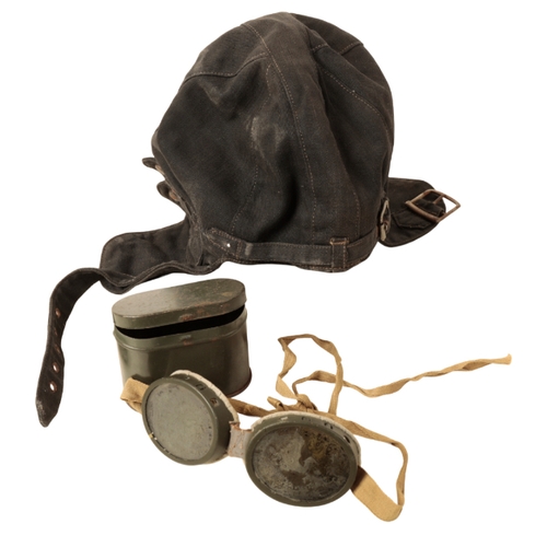 83 - D. LEWIS: A CANVAS FLYING HELMET and flying goggles in the original tin (2)