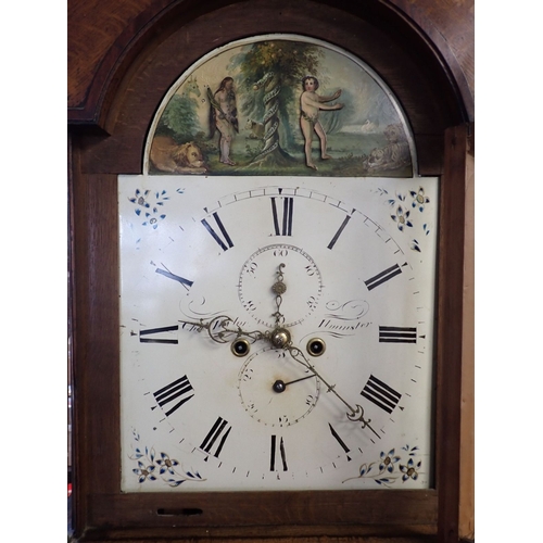 172 - A 19TH CENTURY EIGHT-DAY LONGCASE CLOCK in oak and mahogany crossbanded case, 33cm painted arch dial... 