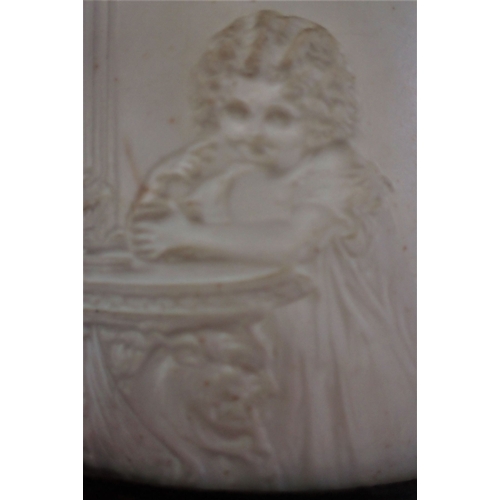 199 - A VICTORIAN IRON HANGING LITHOPHANE LAMP set with five panels of domestic and childhood scenes