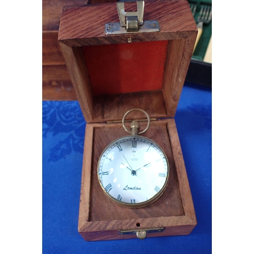 218 - A GEORGIAN TEA CADDY together with a moneybox, a boxed ball clock and a canteen of cutlery