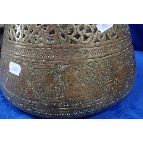 309 - A MIDDLE EASTERN BRASS CHEST with a Egyptian decorated brass pot