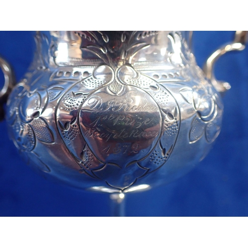 316 - A SILVER PLATED TROPHY INSCRIBED 'D.J. PRESTON 1ST PRIZE BICYCLE RACE 1872' 20cm high, (dented)