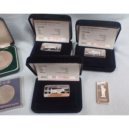 346 - FOUR SILVER INGOTS (3 Boxed) with some commemorative coins, a rotary watch and costume jewellery