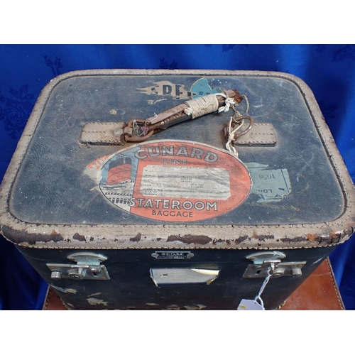 36 - A LEATHER SUITCASE WITH BRASS FITTINGS and two other cases, one with a 'Cunard' label