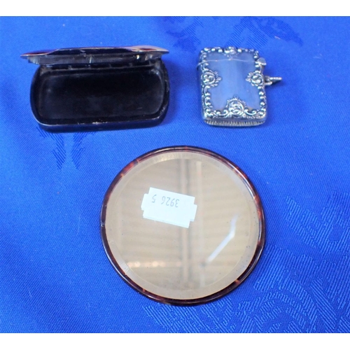 381 - A SILVER VESTA CASE together with a snuff box and a cosmetic handbag mirror dated 1926 (3)