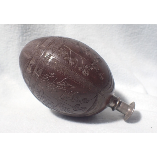 382 - A VICTORIAN CARVED COCONUT FLASK WITH PATRIOTIC EMBLEMS