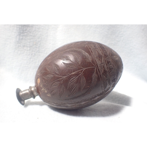 382 - A VICTORIAN CARVED COCONUT FLASK WITH PATRIOTIC EMBLEMS