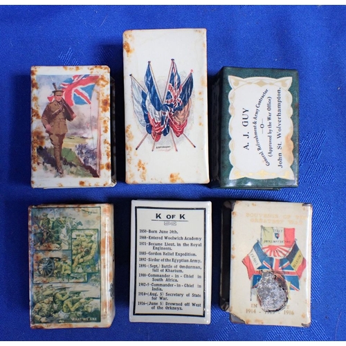 388 - SIX WWI PERIOD MATCHBOX COVERS each decorated with patriotic or advertising motifs, including Kitche... 