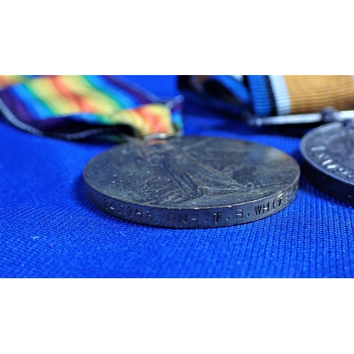 419 - A FIRST WORLD WAR PAIR awarded to 142153. GNR. T. B. WHITE. R. A. , and a matching silver identity b... 