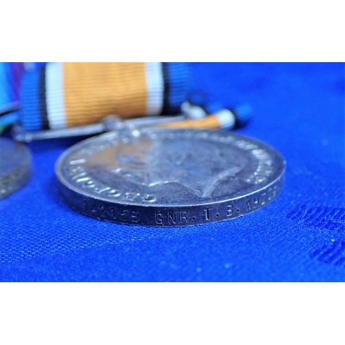 419 - A FIRST WORLD WAR PAIR awarded to 142153. GNR. T. B. WHITE. R. A. , and a matching silver identity b... 