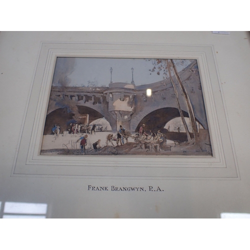 589 - AFTER FRANK BRANGWYN (1867-1956) 'Pont Neuf, Paris' monogrammed lower right, coloured print, 11.5cm ... 