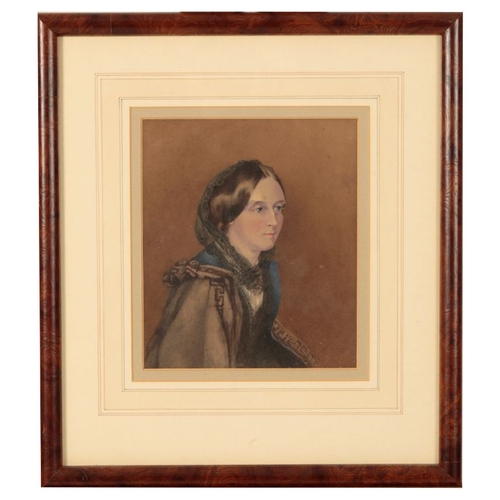 591 - ENGLISH SCHOOL, 19TH CENTURY A portrait of a young woman depicted bust-length, wearing a shawl with ... 