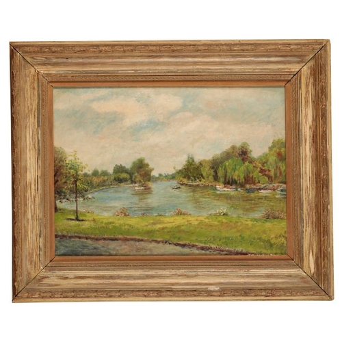 601 - CATHERINE MAY HAMILTON (20TH CENTURY) 'The Thames at Richmond' oil on board, 29cm x 39cm