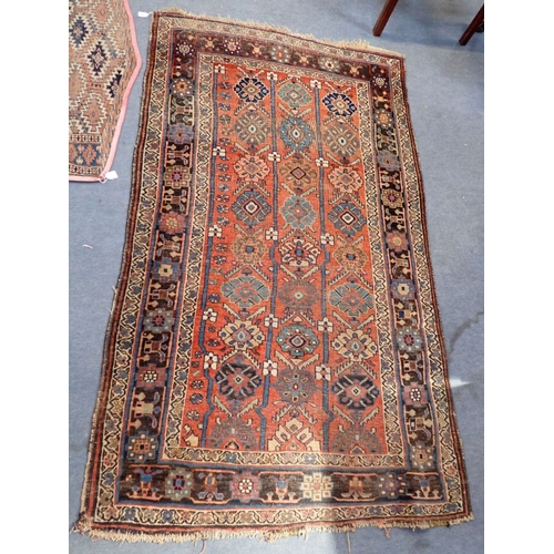 617 - AN ANTIQUE BIJAR RUG 128 x 222cm (frayed, worn) and a Turkmen Asmalyk bag face, possibly Yomut (2)