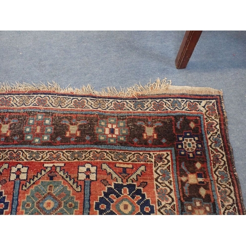 617 - AN ANTIQUE BIJAR RUG 128 x 222cm (frayed, worn) and a Turkmen Asmalyk bag face, possibly Yomut (2)