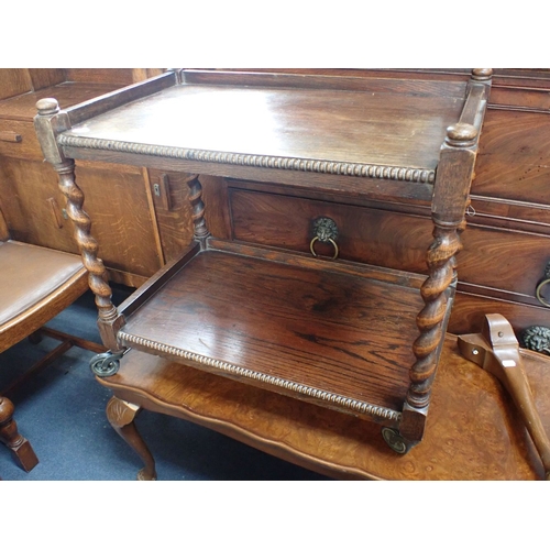 642 - A 1930S OAK SIDEBOARD, FOUR CHAIRS with drop-in seats, an oak trolley with barley-twist legs, a smal... 