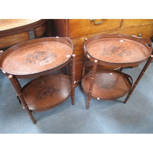 731 - A PAIR OF ITALIAN PAINTED TOLEWARE OCCASIONAL TABLES with two-tier tray tops, with scumbled paintwor... 