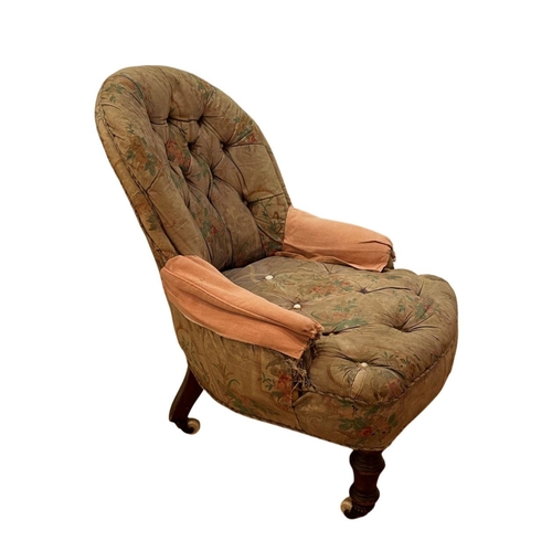 732 - A SMALL VICTORIAN UPHOLSTERED SPOONBACK CHAIR with iron-framed back, on turned mahogany front legs a... 