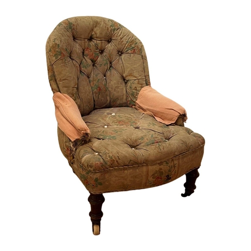 732 - A SMALL VICTORIAN UPHOLSTERED SPOONBACK CHAIR with iron-framed back, on turned mahogany front legs a... 